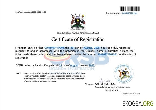 Modèle Word et PDF de certificat d'enregistrement de nom d'entreprise en Ouganda